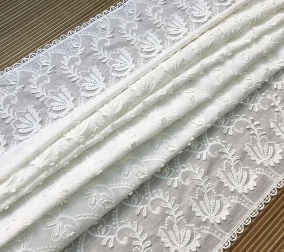 White Cotton Fabric With Embroidered Flower, Eyelet Embroidery