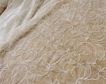 Soft Tulle Lace Fabric Super Big Floral Embroidered Off White Mesh Fabric Wedding Dress By The Yard 51" Width