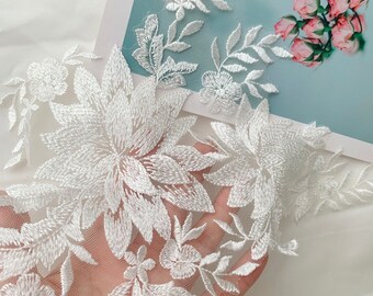 1 Pair Floral Embroidered Mesh Lace Applique Off White Color Wedding Bridal Dress Applique DIY Sewing Craft