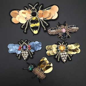 2 PCS Beaded Bee Patch, Sequined Bees Applique Patch, Sequins Patch For Jeans,Coat,T-Shirt,Costume Decorative Patch