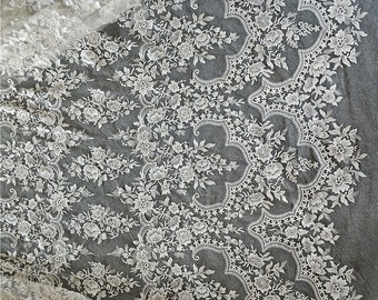 Off White Bridal Lace Fabric, Vintage Floral Embroidered Lace, Sequined Wedding Dress Fabric By Yard