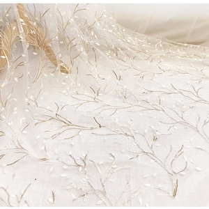 lace fabric gold sequin flower floral exquisite embroidery ivory tulle fabric wedding lace bridal lace dress fabric 51&quot; width by the yard