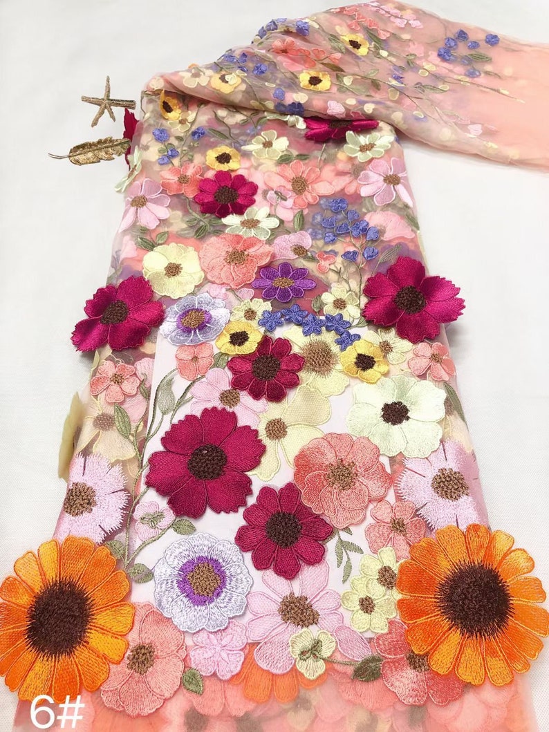 Tissu 3D en dentelle brodée de fleurs, 12 couleurs, tissu floral coloré en tulle pour bébé, robe tutu, robe de banquet, robe de mariée, 51 po. de large image 6