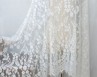 Off White/Black Chantilly Lace Fabric By The Yard For Shawl, Bridal Veils, Costume