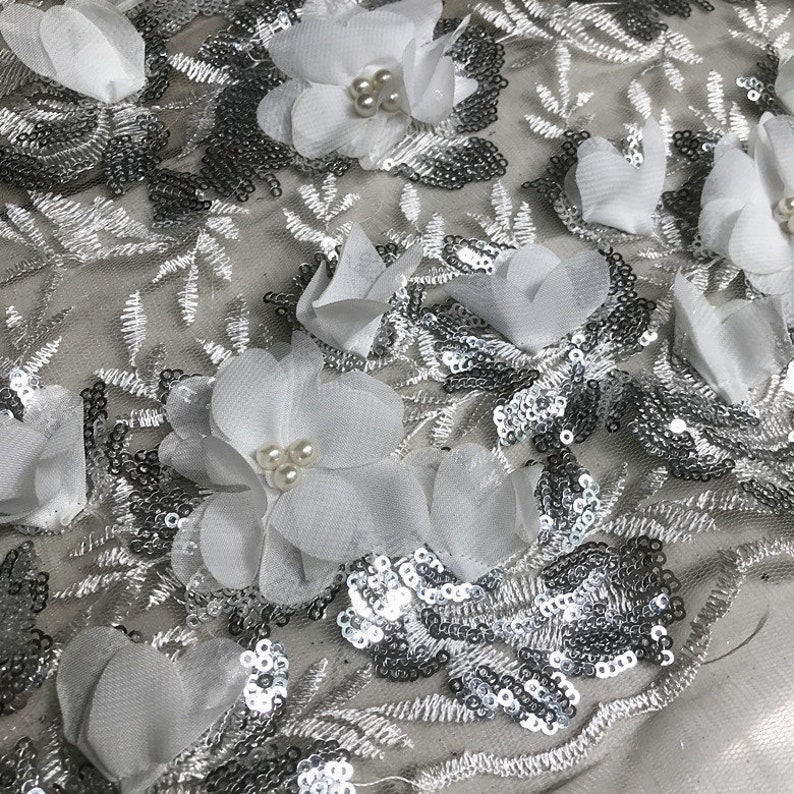 Pear Beaded Blossom Fabric PinkOff White 3D Chiffon Flower Lace Fabric Sequined Embroidered Wedding Fabric 49 Wide 1 Yard