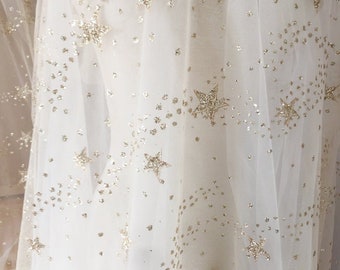 Gold Star Embroidery Lace Fabric Glitter Sequins Star Tulle Lace Bridal Wedding Dress Fabric Veil Lace 59" Width
