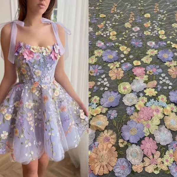 Tissu de dentelle de fleurs exquiste 3D, 65 couleurs, broderie florale colorée, tissu de tulle doux pour robe de mariée, robe de fille, rideau, robe de banquet