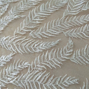 Off White Leafs Lace Fabric, Beaded&Sequins Tulle Fabric, Embroidered Lace Fabric, DIY Dress Fabric, 51&quot; Width By The Yard
