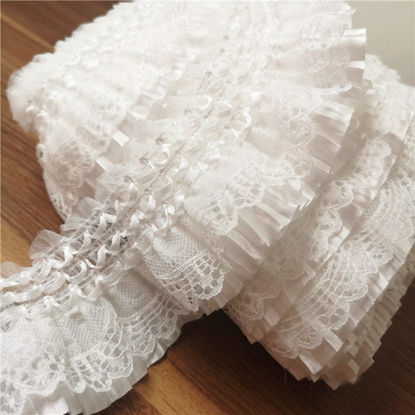 White Ruffled Pleated Lace Trim, Fold Satin And Mesh Trim Lace By Yard 7.5cm Wide