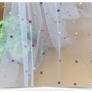Multi Color Pearl Beaded Tulle Fabric, Colorful 3D Pearl Beaded Lace Fabric, Baby Dress Wedding Fabric 55" Wide 1 Yard