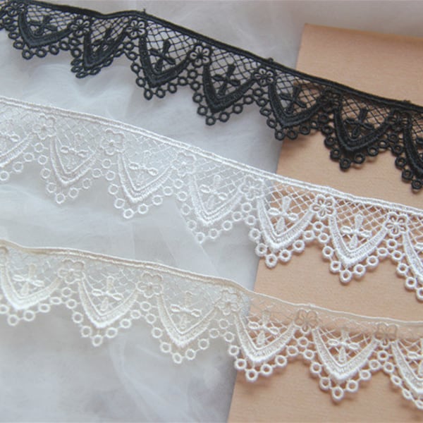 Black/Off White/Beige Lace Trim, Venice Lace Trim, Scalloped Eyelet Trim, Water Soluble Lace 2 Yards Long