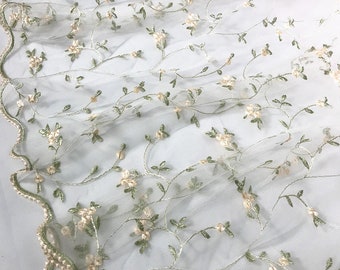 1 yard Exquisite Green Flower Lace Fabric Floral Embroidered Gauze Fabric Dress Bridal Veil Floral Lace Fabric 51" width