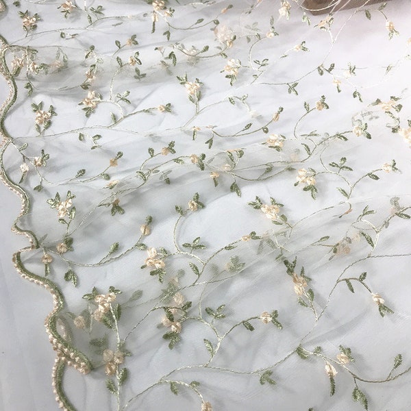 1 yarda de exquisita tela de encaje floral verde con bordado floral, tela de gasa para vestido de novia, velo de encaje floral, 51" de ancho