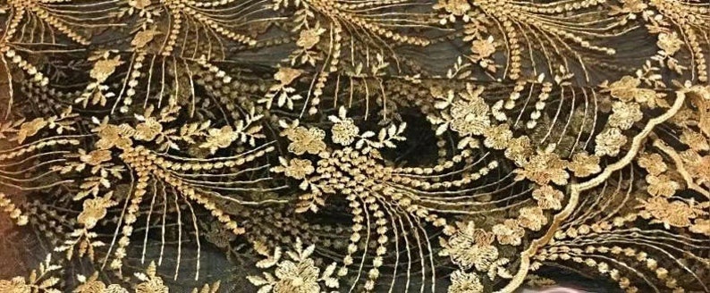 Vintage Gold Lace Fabric, Golden Embroidery Mesh Lace Fabric, Soft Tulle Lace Fabric For Formal Dress, Prom Gown, Bridal Wedding Robe image 9