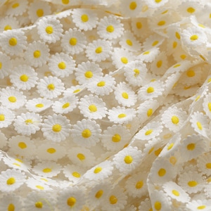Daisy Flower Lace Fabric By Yard, Floral Tulle Fabric, Daisy Embroidered Mesh Gauze Fabric, Bridal Gown Lace Fabric