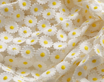 Daisy Flower Lace Fabric By Yard, Floral Tulle Fabric, Daisy Embroidered Mesh Gauze Fabric, Bridal Gown Lace Fabric