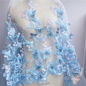 Lace fabric 3D sky blue butterfly flower embroidery tulle fabric for tutu dress, banquet dresses