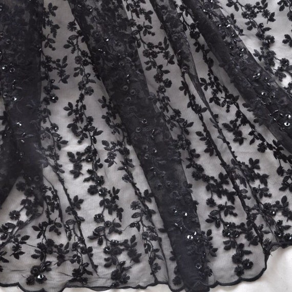 Black Floral Embroidery Lace Fabric Pearl Beaded Tulle Mesh Fabric for  Party Dress, Wedding Dress, Curtain, 1 Yard 