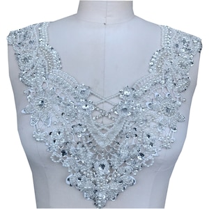 Heavy Beaded Sequins Collar Applique White DIY Dress Decoration Sewing Accessory 1 Piece 37*32cm