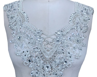 Heavy Beaded Sequins Collar Applique White DIY Dress Decoration Sewing Accessory 1 Piece 37*32cm