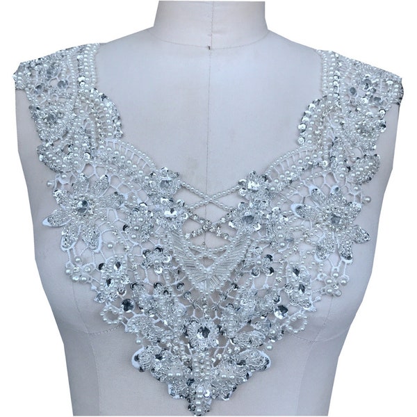 Heavy Beaded Sequins Collar Applique White DIY Dress Decoration Sewing Accessory 1 Piece 37*32cm