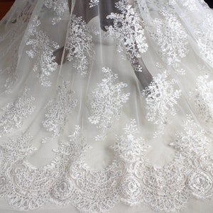 Extravagant Sequin Alencon Lace Fabric In Eyelash Trim, Black/Off White Embroidery Tulle For Cocktail Dress Or Gown 1 Yard