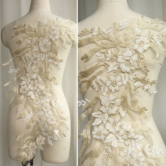 SALE Gold, White Lace Applique, Romantic Flower Applique, Large