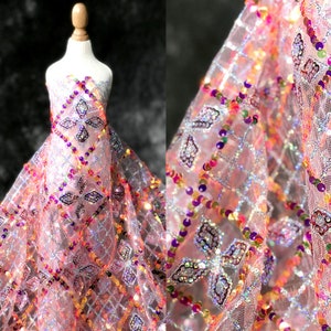 Colorful Crystal Sequins Fabric With Grid Pattern On Soft Tulle Embroidered Lace By The Yard 51&quot; Wide