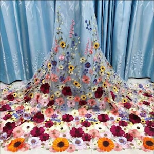 Gorgeous 3D Flower Embroidery Lace Fabric Colorful Floral Tulle Fabric for Girl Dress, Wedding Dress, Summer Dress