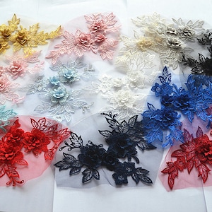2 Pieces Multi-color 3D Flower Lace Applique In Gold/White/Royal Blue/Pink/Champagne/Gray/Navy/Black/Wine Red/Lake Blue