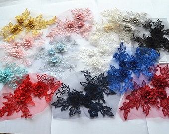 2 Pieces Multi-color 3D Flower Lace Applique In Gold/White/Royal Blue/Pink/Champagne/Gray/Navy/Black/Wine Red/Lake Blue