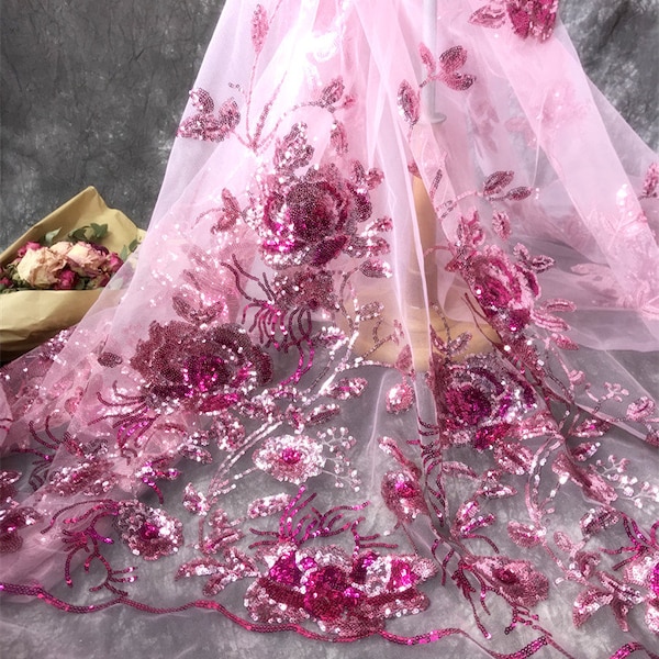 Tissu de luxe en dentelle rose et rose, tulle pailleté rose pour robe de soirée, robe de fille, voile, robe de bébé, costume de danse