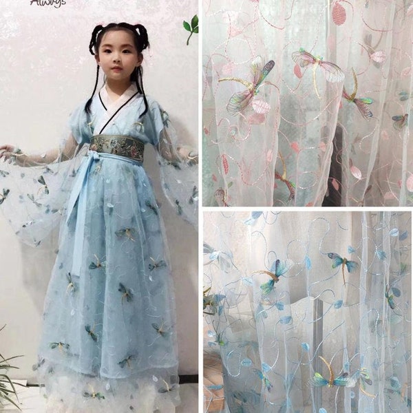Preciosa tela de encaje con bordado de libélula, tela de malla de tul suave para vestido de bebé, vestido de novia, cortina, 1 yarda