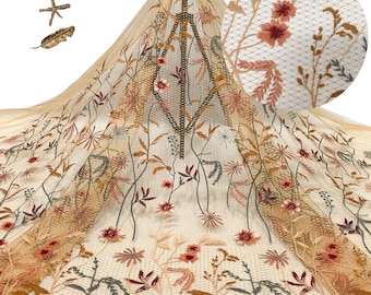 Exquisite flower embroidery lace fabric brown tulle fabric bridal lace fabric wedding fabric dress fabric 51" width 1 yard