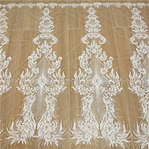 Vintage Big Flower Ivory Venice Lace Fabric Tulle Sequined Embroidery Dress Bridal Veil 51" Width