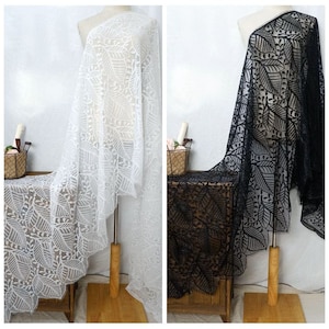 Leaf Pattern Chantilly Lace Trim, Single Side Eyelash Border Trim Lace, Black/ Off White French Lace Fabric