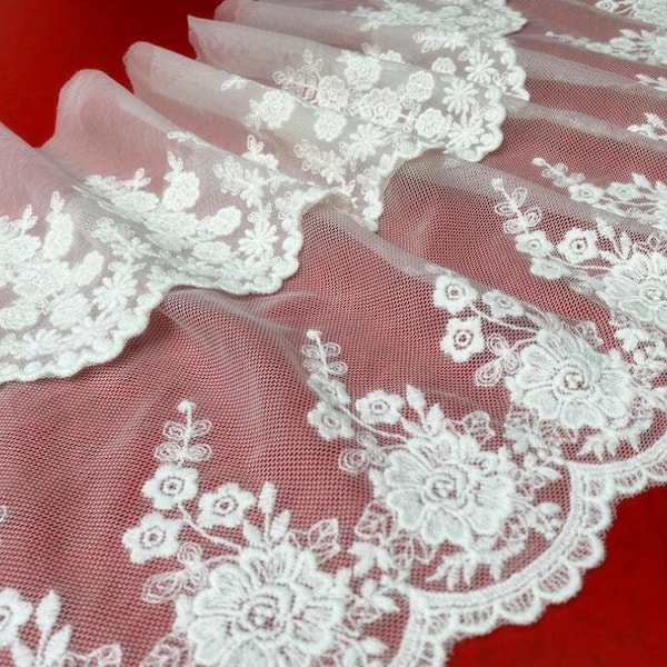 Tulle Lace Trim, White Floral Embroidered Lace Trim, White Mesh Lace Trim, White Gauze Lace Trim With Single Scalloped Border By The Yard