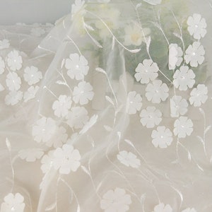 3d floral lace fabric, organza lace fabric, off white embroidery flower fabric, wedding dress fabric by yard