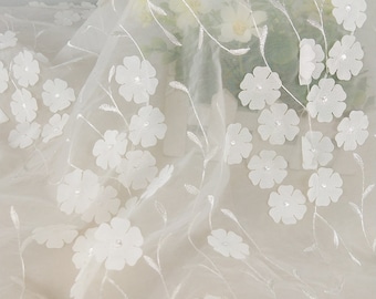 3d floral lace fabric, organza lace fabric, off white embroidery flower fabric, wedding dress fabric by yard