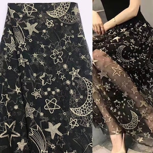 Spitzenstoff Metallic Gold Stern Mond Bestickter Stoff Schwarz Tüll Mesh-Gewebe Blumen-Gewebe Brautschleier