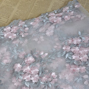 Beautiful Venice Lace Fabric Pink Floral Embroidered Ivory Tulle Fabric Evening Gowns By The Yard 51 Wide image 3