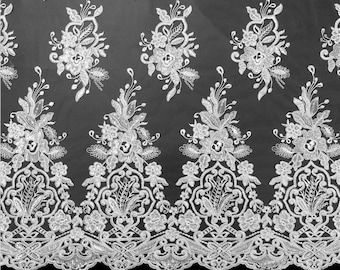 Ivory Alencon Lace Fabric, Bridal Lace Fabric, Embroidery Floral Fabric For Wedding Bolero, Top, Jacket