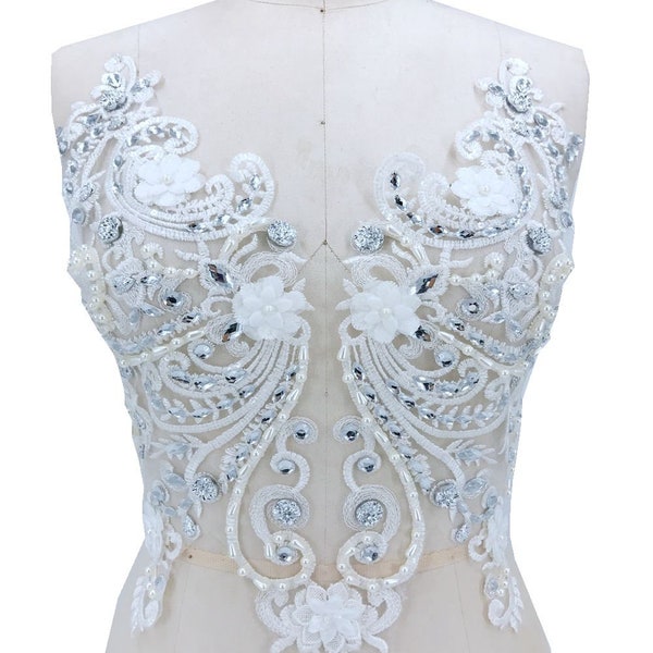 Luxury Heavy Bead Floral Lace Applique Sparkling Rhinestone Crystal Bodice Patch For Bridal Wedding Dress