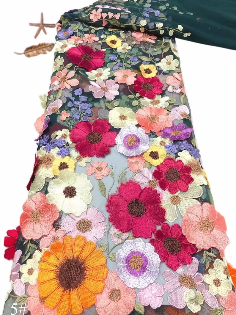 Tissu 3D en dentelle brodée de fleurs, 12 couleurs, tissu floral coloré en tulle pour bébé, robe tutu, robe de banquet, robe de mariée, 51 po. de large image 4