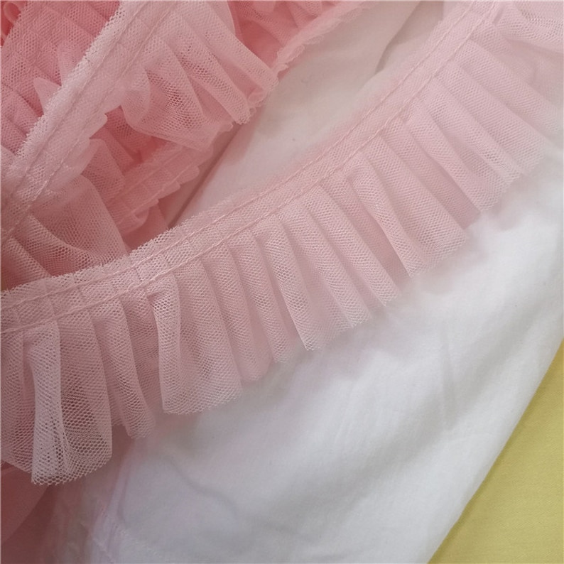 Pink Tulle Ruffled Lace Trim 2 Layers Mesh Wedding Fabric Flower Girl ...