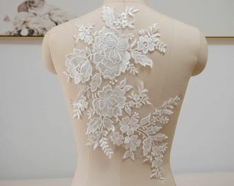 1 Pair Lace Applique, Vintage Off White Bridal Lace Applique, floral embroidered Lace Applique, Bridal Veil Lace Applique, Wedding Gown
