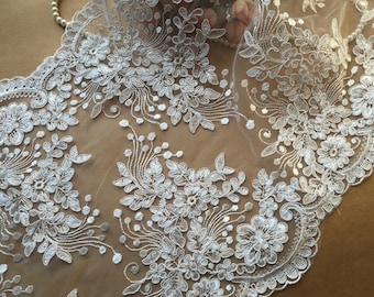 Belle bordure en dentelle festonnée brodée sur cordon blanc cassé en dentelle d'Alençon pour voiles de mariée, robes de mariée, vêtement de 11,8 pouces de large par mètre