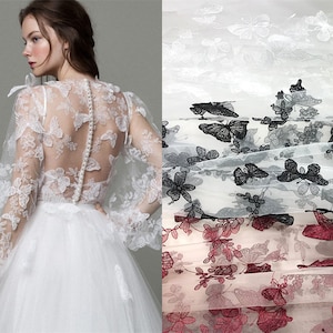 3D Butterfly Tulle Fabric,Butterfly Fabric,3D Floral embroidered on Netting,Bridal Dress Lace,Girl Dress,Cape 1 Yard