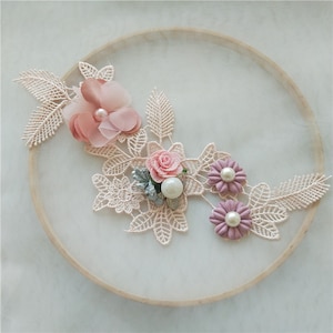 Beaded 3D Lace Applique, Pink Rose Flower Lace Motiy Patch With Faux Pearl Details For Bridal, Lyrical, Wedding Gown Bodice