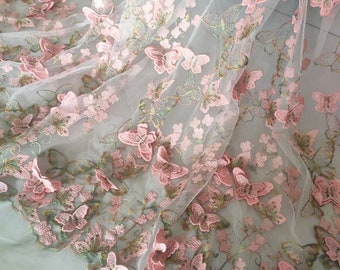 6 colors 3D Butterfly Tulle Lace Fabric in pink gold, Sheer Tulle Embroidery lace for Bridal Dress, Ball Gown, Haute Douture, by 1 yard